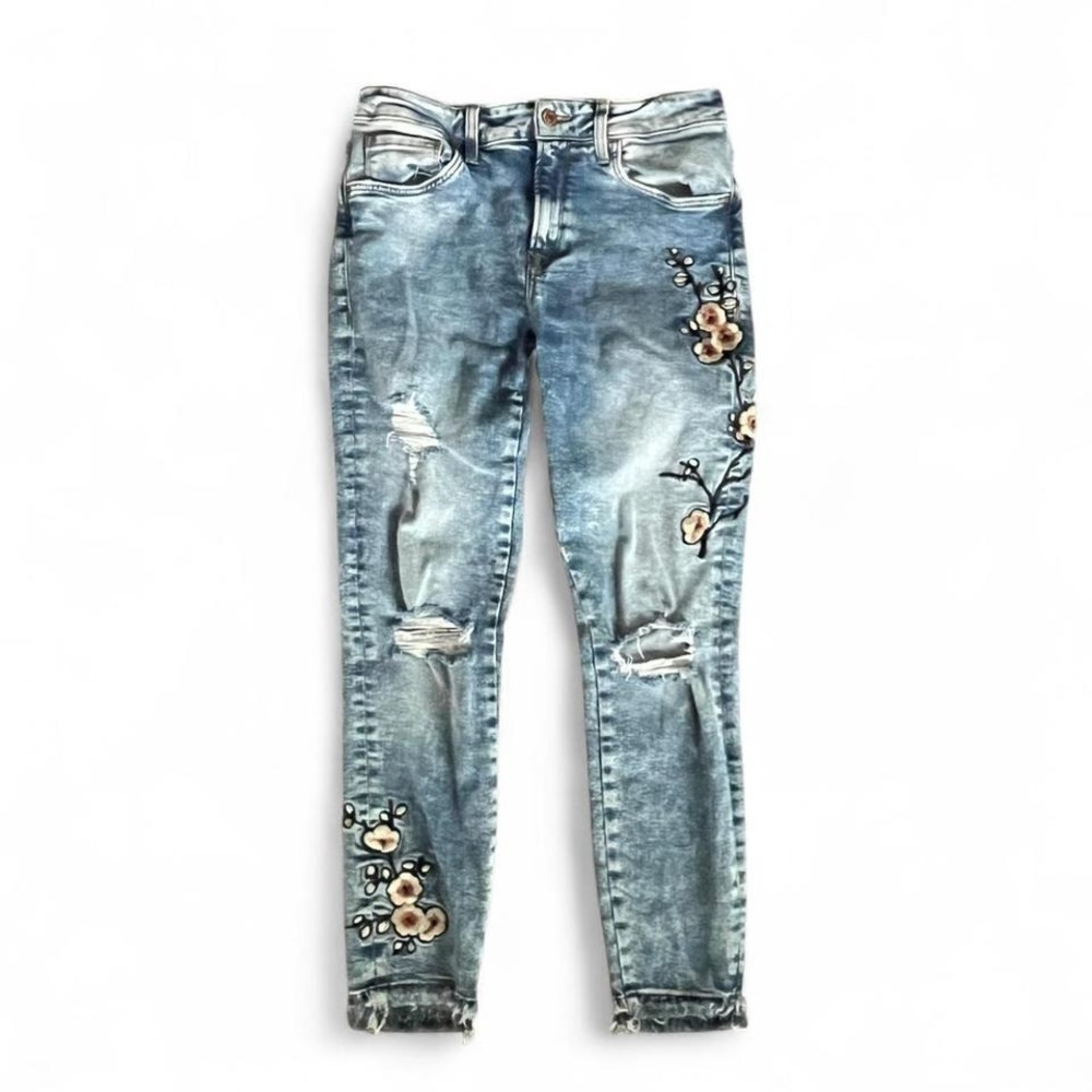 Mavi Tess High Rise Skinny Jeans 28x27 Floral Embroidered Distressed Raw Hem